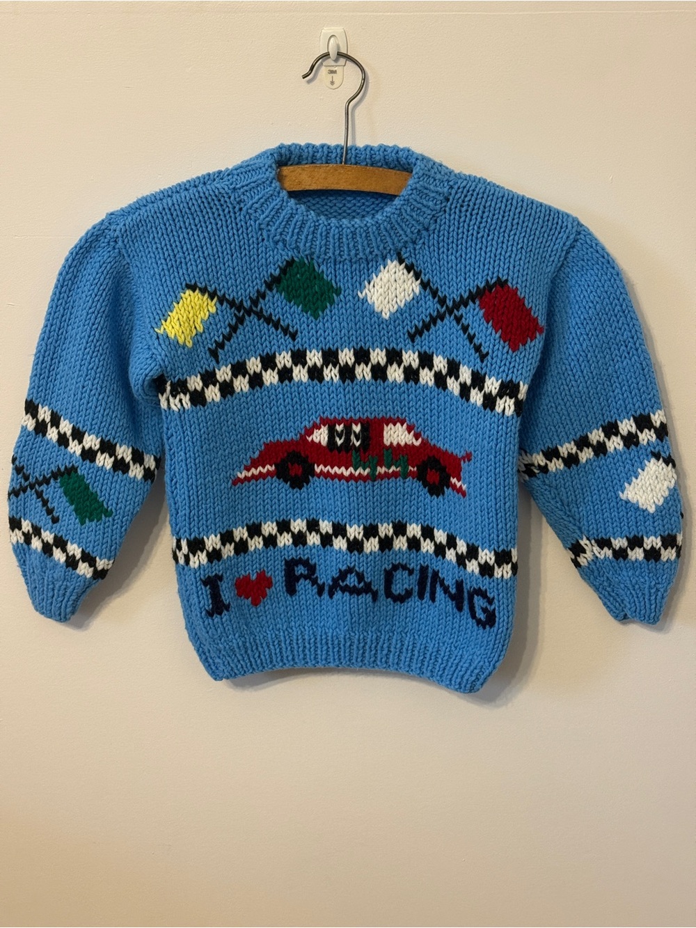 Blue Kids Hand Knit Racing Sweater - I ♥ Racing - Child Kid Size 4T - 5T